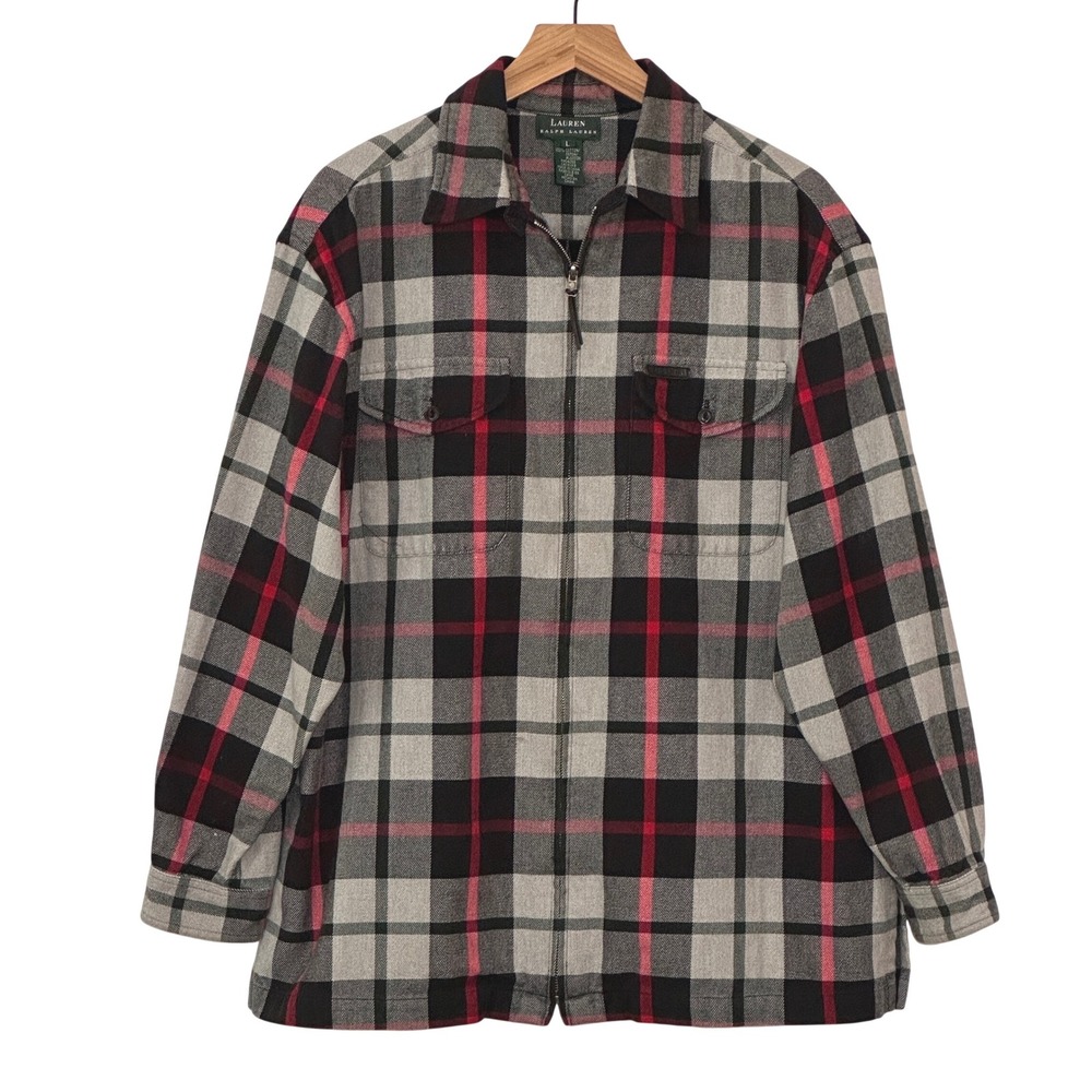 LRL Ralph Lauren Women Top L Gray Red Plaid Flannel Zip Shacket Cabin Grunge